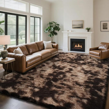 Fluffy Rug Shaggy Area Rug, Mottling Brown 9x12 Area Rugs for Living Room, Large Shag Area Rugs for Bedroom Kids Room Home Decor, Upgrade Anti-Skid Rectangular Fuzzy Rugs