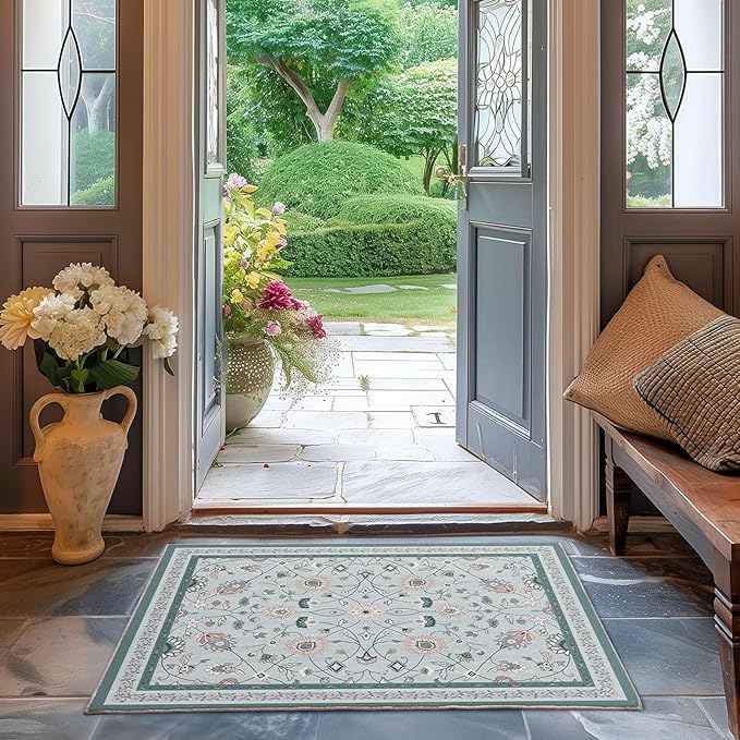 EVERGRACE Area Rugs for Entryway 2x3, Boho Floral Faux Wool Indoor Outdoor Small Rugs, Washable Rugs for Bedroom Bathroom Laundry Doormat, Low Pile Floor Mat Carpet for Home Decor, Pale Blue