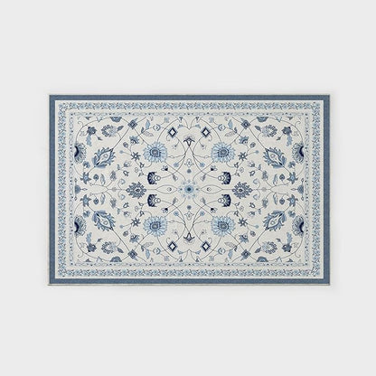 EVERGRACE Area Rugs for Living Room 4x6, Boho Floral Faux Wool Indoor Outdoor Rugs, Washable Rugs for Bedroom Entryway Dining Room Hallyway, Low Pile Floor Mat Carpet for Home Decor, Porcelain Blue