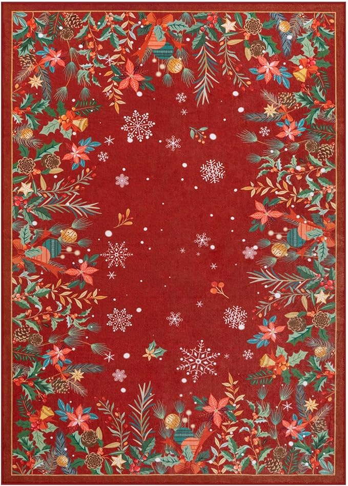 Wonnitar Christmas 5x7 Area Rugs, Red Floral Rugs for Living Room, Non-Slip Soft Bedroom Rug, Washable Low Pile Snowflake Holiday Decor Rugs Carpet for Dining Room Bedside(Christmas Red,5'x7')