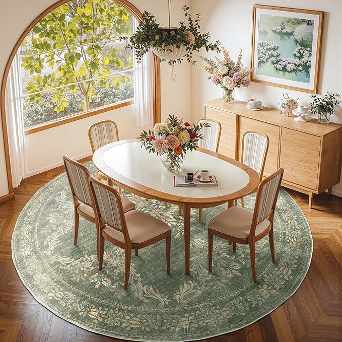jinchan Round Rug 8ft Area Rugs,Vintage Floral Distressed Design Machine Washable Soft Non-Slip Low-Pile Ultra-Thin Circle Rug for Living Room Dining Room Bedroom Home Office (8' Round,Dark Green)