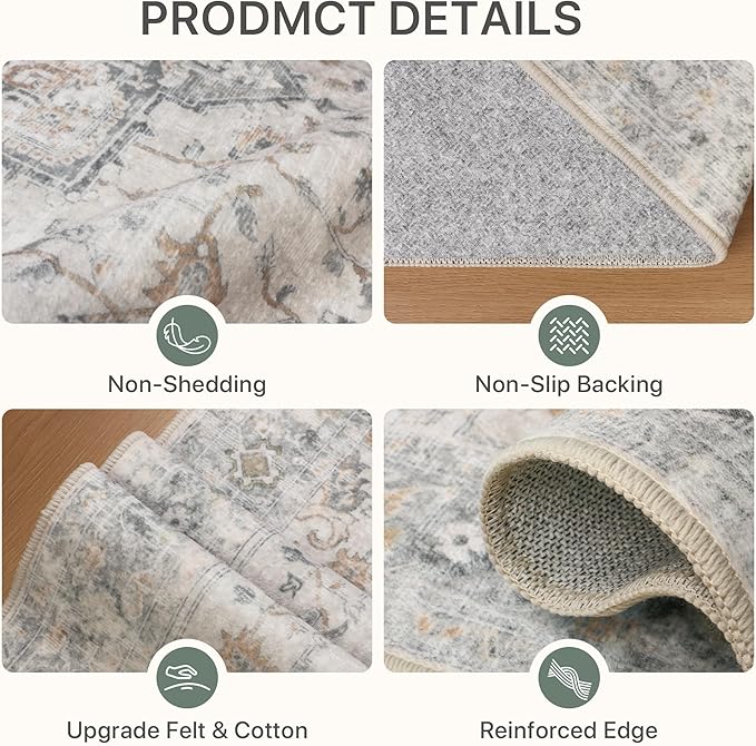 10x14 Area Rugs for Living Room, Non Slip Machine Washable Vintage Rugs, Low Pile Lightweight Print Large Rug for Bedroom, Dining Room, Home Office, Light Taupe Brown