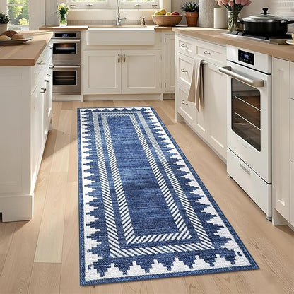 Geometric Bordered 2x6 Washable Runner Rug for Hallway Kitchen Foldable Non Slip Indoor Soft Carpet Modern Stain Resistant Non-Shedding Low Pile Rug for Dining Room Living Room with Rubber Back, Blue