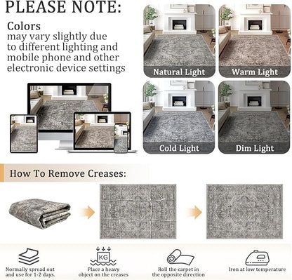 2x3 Machine Washable Area Rug for Entryway, Olive Grey Boho Vintage Floral Rug Non-Slip Low Pile Soft Faux Wool Small Carpet, Kids and Pets Friendly for Bedroom Kitchen Hallway Bedside Home Decor Rug