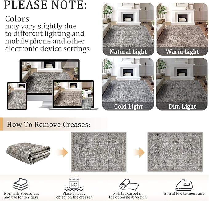 4x6 Machine Washable Area Rug for Living Room, Olive Grey Boho Vintage Floral Rug Large Non-Slip Low Pile Soft Faux Wool Carpet, Kids and Pets Friendly for Bedroom Dining Room Farmhouse Decor Rug