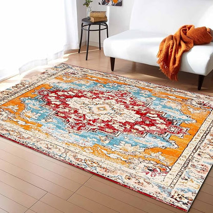 Bohemian Pattern Rectangular Area Rugs for Living Room Bedroom 4 x 6 ft Red & Orange Abstract Non-Shedding Soft Low Pile Rug Non Slip Washable Rug for Nursery Entryway Playroom