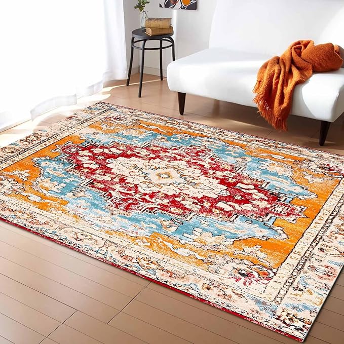 Bohemian Pattern Rectangular Area Rugs for Living Room Bedroom 3 x 5 ft Red & Orange Abstract Non-Shedding Soft Low Pile Rug Non Slip Washable Rug for Nursery Entryway Playroom
