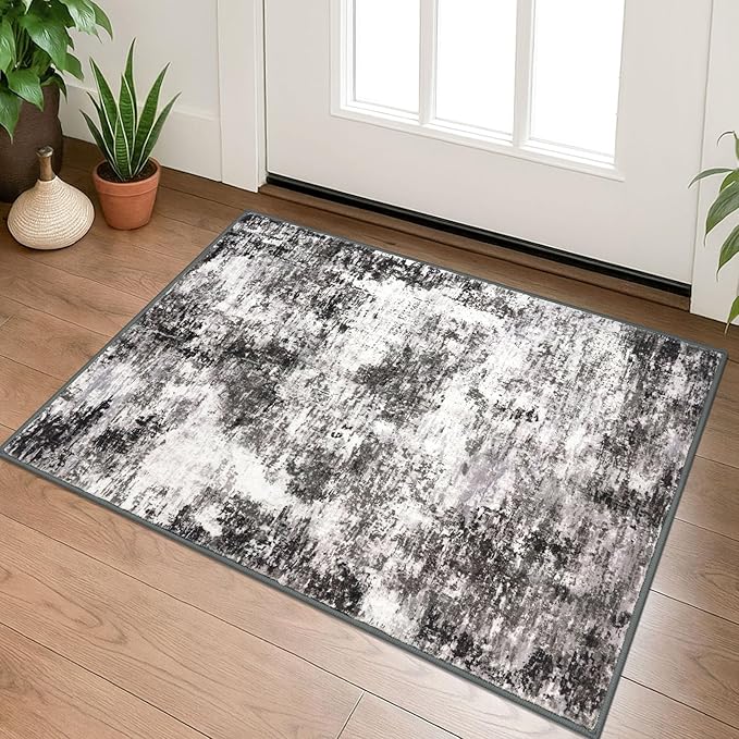 Modern Abstract Entryway Rug Indoor 2x3 Washable Non-Slip Soft Black Grey Small Area Rug Kitchen Mat Thin Print Faux Wool Floor Carpet for Entrance Bedroom Office