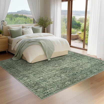 Fmfunctex 8x10 Washable Area Rug Green Vintage Neutral Distressed Oriental Large Non Slip Retro Carpet for Living Room Bedroom Soft Low Pile Indoor Mat Throw Rug for Dining Room Kitchen Office Nursery
