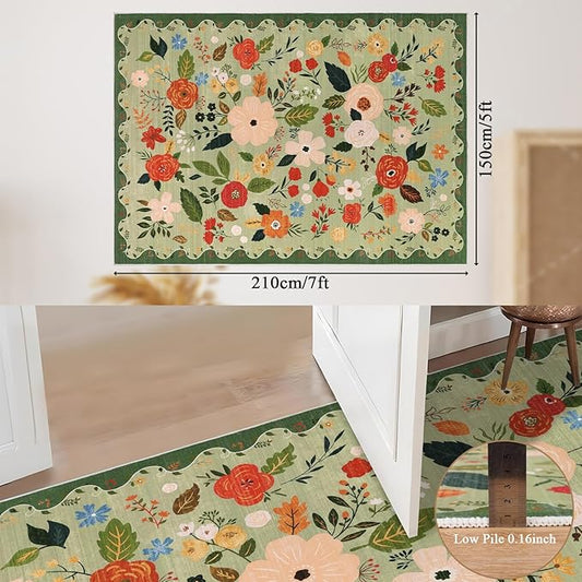 U'Artlines 5x7ft Vintage Floral Area Rug Machine Washable Ultra Soft Low Pile Non Slip Non Shedding Accent Floor Carpet for Living Room, Bedroom, Dining Room, Office (Green)