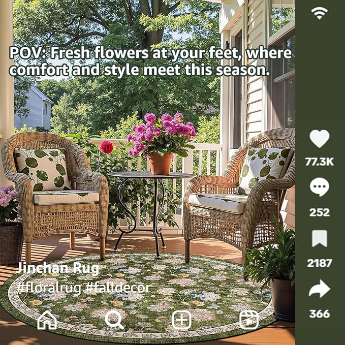 jinchan Elora 5ft Floral Round Rug for Entryway Washable Kitchen Rug Vintage Romance Design Non Slip Indoor Doormat Lightweight Low-Profile Throw Carpet for Living Room Dining Room Bedroom, Green