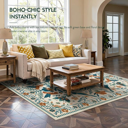 Moynesa Floral Bird 6x9 Area Rug for Living Room Bedroom Dining Room, Retro Home Decorations for Modern Bohemian Farmhouse Open Areas, Family Friendly Comfort Floor Protection Non-Slip Washable
