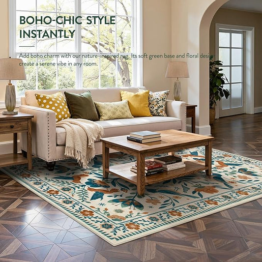 Moynesa Floral Bird 6x9 Area Rug for Living Room Bedroom Dining Room, Retro Home Decorations for Modern Bohemian Farmhouse Open Areas, Family Friendly Comfort Floor Protection Non-Slip Washable