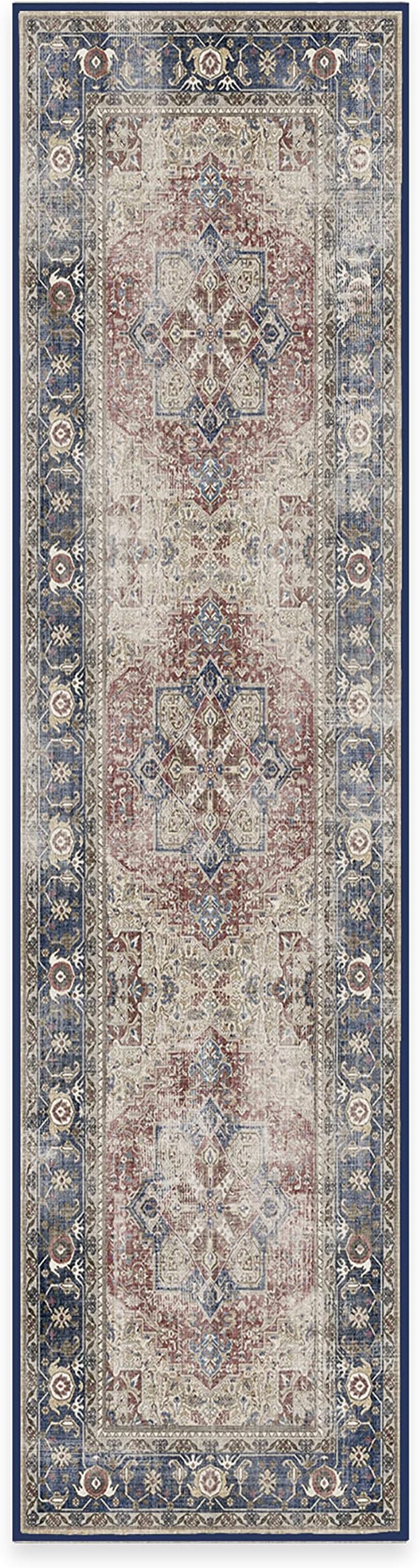RUGGABLE Washable Vintage Runner Rug – Kamran Royal Blue 2.5x10, Stain-Resistant, Non-Slip Hallway Runner – Machine Washable Rug for Hallway, Entryway, Living Room & Kitchen–with Cushioned Pad