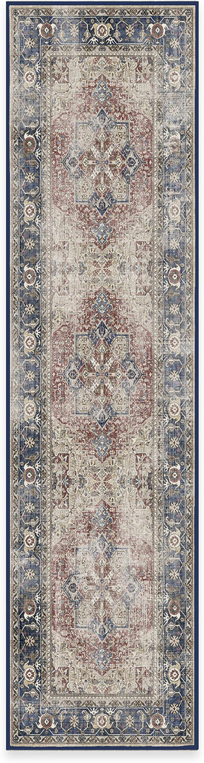 RUGGABLE Washable Vintage Runner Rug – Kamran Royal Blue 2.5x10, Stain-Resistant, Non-Slip Hallway Runner – Machine Washable Rug for Hallway, Entryway, Living Room & Kitchen–with Cushioned Pad