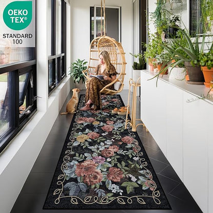2'6''x8' Machine Washable Runner Rug, Kitchen Hallway Area Rug Black Vintage Boho Floral Ultra Non-Slip Low Pile Soft Faux Wool Carpet, Kids and Pets Friendly for Bedroom Entryway Nursery Decor Rug
