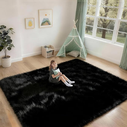 8x10 Solid Fluffy Black Area Rug – Washable, Durable, Extra Large Living Room Rug, Non-Slip High Pile Shag Rugs for Bedroom, Playroom, Nursery Rooms, Kids Room, Soft Indoor Floor Carpet Decor
