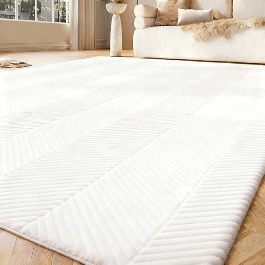 Area Rug for Living Room - 5x7 Soft Faux Rabbit Fur Modern Geometric Wave Carpet for Bedroom, Light Beige