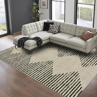 HelloTree Area Rug for Living Room 9x12 Washable Geometric Moroccan Rug Stripe Farmhouse Bohemian Minimalistic Non Slip Non Shedding Ultra Thin Soft Rug for Bedroom Office DiningRoom Nursery-Cream