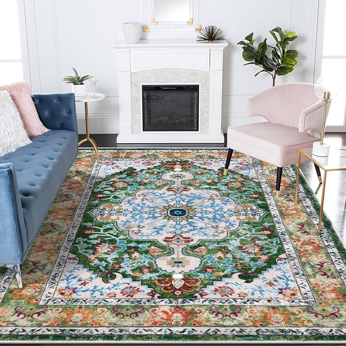U'Artlines Boho Vintage Area Rug 6x9 Machine Washable Low Pile Soft Floor Carpet Non Slip Non Shedding Accent Rug for Living Room Bedroom Entryway Dining Room Office Green