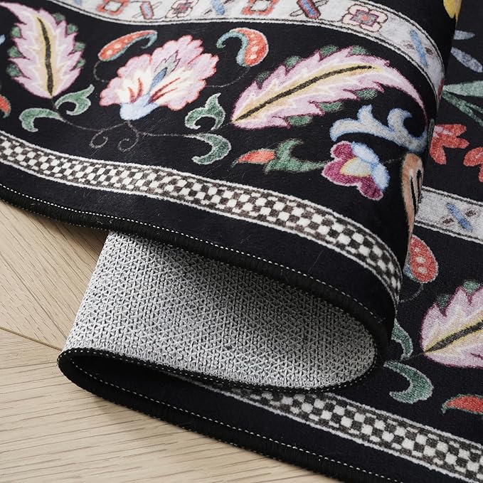 Runner Rug Washable Kitchen Runner 2'x10' Rug Floral Non-Slip for Entryway Indoor Soft Carpet for Hallways, Kitchen, Laundry, Bedroom, Bathroom (Vibrant Black)