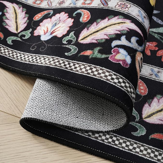 Area Rug 4x6 Rug Washable Rugs Floral Non Slip Low Pile Small Carpet for Bedroom, Bedside, Kids Room, Office, Dining Room (Vibrant Black)