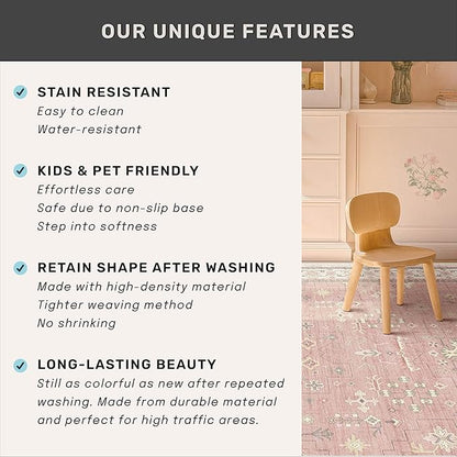 Pink and Gold Girls Rugs for Bedroom, 4x6 Non Slip Nursery Floral Area Rug, Machine Washable Kids Playroom Mat, Vintage Thin Low Pile Carpet for Living Room, Dorm