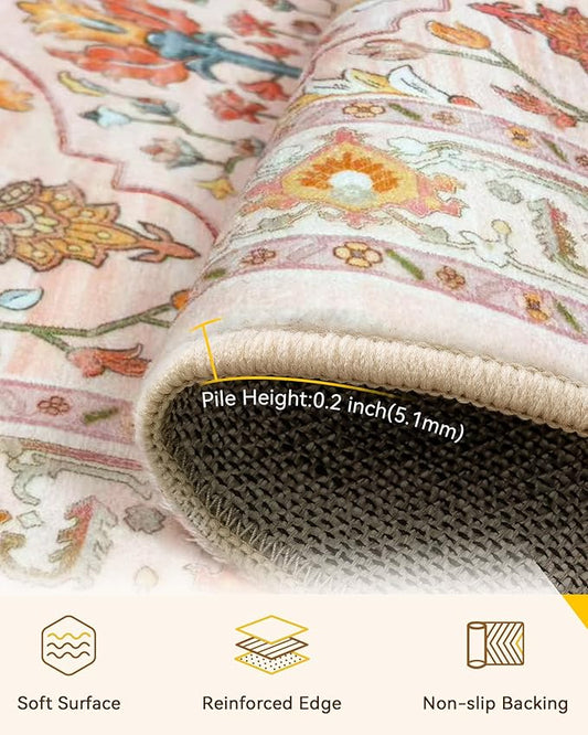 Area Rugs 2'x8' Washable Non-Slip, Floral Vintage Distress Print Pattern Medallion Carpet for Living Room Bedroom Dining Room, Light Pink Colorful