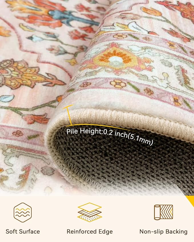 Area Rugs Square 7ft Washable Non-Slip, Floral Vintage Distress Print Pattern Medallion Carpet for Living Room Bedroom Dining Room, Light Pink Colorful