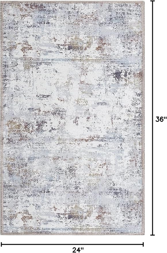 GLN Rugs Contemporary Collection - Machine Washable Area Rug, Contemporary Washable, Non Slip, Low Pile Chenille Rug, Living Room, Bedroom, Kitchen Rug (2' x 3' White/Grey/Blue/Brown)