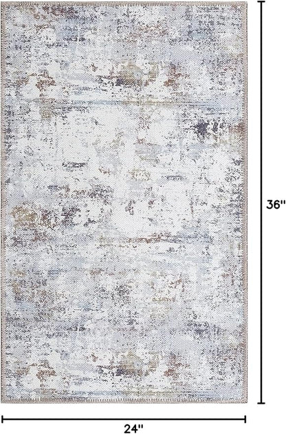 GLN Rugs Contemporary Collection - Machine Washable Area Rug, Contemporary Washable, Non Slip, Low Pile Chenille Rug, Living Room, Bedroom, Kitchen Rug (2' x 3' White/Grey/Blue/Brown)