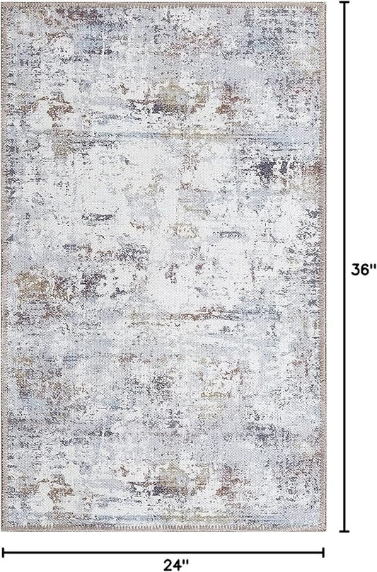 GLN Rugs Contemporary Collection - Machine Washable Area Rug, Contemporary Washable, Non Slip, Low Pile Chenille Rug, Living Room, Bedroom, Kitchen Rug (2' x 3' White/Grey/Blue/Brown)
