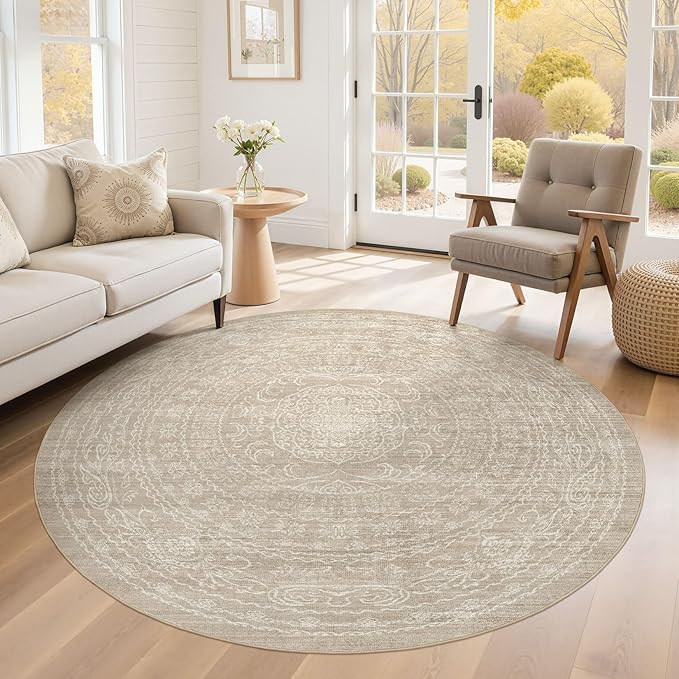 6ft Round Rug Living Room: Washable Large Vintage Rug Neutral Non-Slip Soft Stain Resistant Indoor Carpet for Bedroom Nursery Dining Room Under Table Bed Home House Office Playroom - Brown