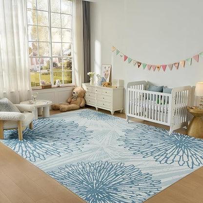 WITSHOCK 9x12 Washable Rug for Living Room,Modern Floral Distress Print Pattern Area Rugs,Stain Resistant with Non Slip Backing Carpet for Dining Room,Bedroom & Home Decor,Blue/Light Blue