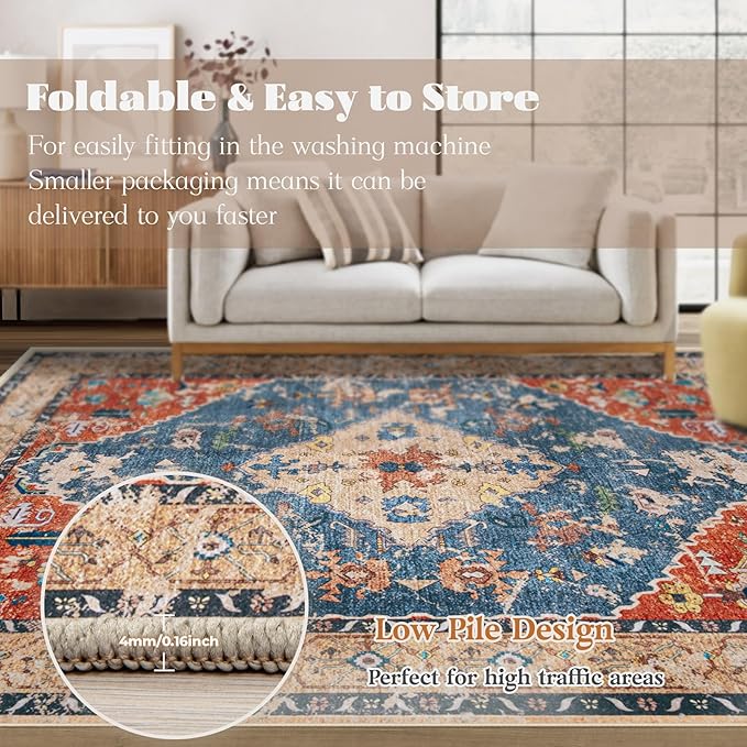 Area Rug 6x9 Washable Rug, Vintage Boho Medallion Rugs Non-Slip Soft Low Pile Large Distressed Rug Indoor Retro Carpet for Living Room Bedroom Dining Room Home Office (Tribal Medallion/Multi, 6'x9')