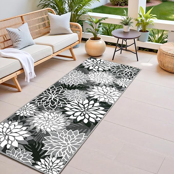 2x6 Washable Runner Rug for Hallway Tropical Botanical Modern Floral Chenille Kitchen Rugs Low Pile Non Slip Carpet for Patio, Bedroom, Laundry, Black