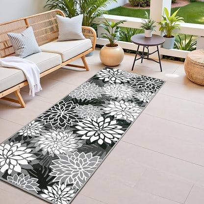 2x6 Washable Runner Rug for Hallway Tropical Botanical Modern Floral Chenille Kitchen Rugs Low Pile Non Slip Carpet for Patio, Bedroom, Laundry, Black