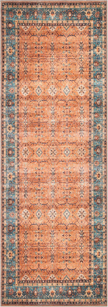 Bloom Rugs Washable Non-Slip 12 ft Runner - Orange/Teal Blue Traditional Bordered Runner for Entryway, Hallway, Bathroom, and Kitchen - Exact Size: 2.5' x 12'