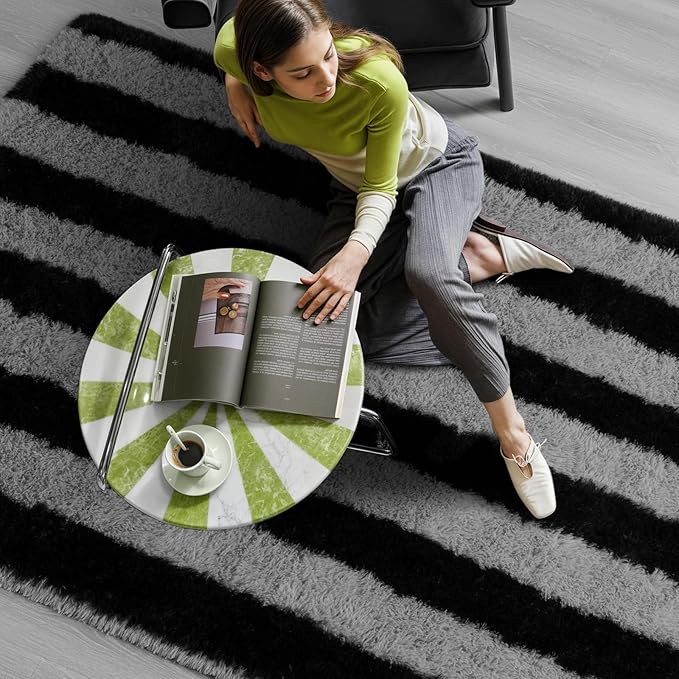 Zentavio Area Rugs for Living Room Large Rugs for Bedroom 5x8 Carpet Fluffy Fuzzy Soft Shag Aesthetic Plush High Pile Gray Throw Rug for Nursery Kids Room Dorm Horizontal Stripes Black Grey