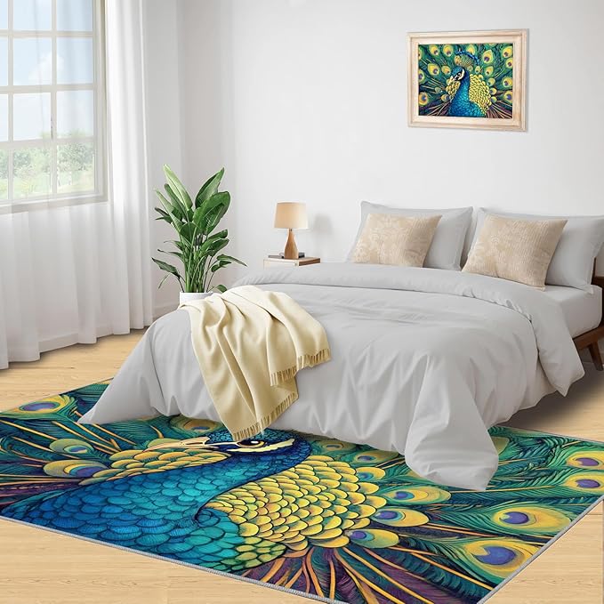 Peacock Rug 3x4-3x4 Rug, Wonderful Peacock Area Rugs for Bedroom, Teal Turquoise Rugs for Living Room, Modern Style Washable Mat, Malachite Green Feather Carpet - Peafowl Home Decor & Gifts