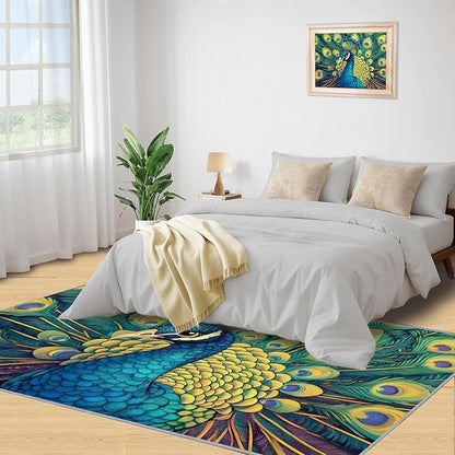 Peacock Rug 3x4-3x4 Rug, Wonderful Peacock Area Rugs for Bedroom, Teal Turquoise Rugs for Living Room, Modern Style Washable Mat, Malachite Green Feather Carpet - Peafowl Home Decor & Gifts