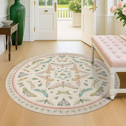 Boho Light Pink 4ft Round Small Throw Rugs for Living Room - Low Pile & Soft Cute Circle Rug for Girls Bedroom, Baby Nursery, Butterfly Pattern Fun Design, Low Pile & Soft Stain Resistant Carpet