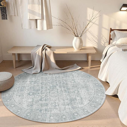 LIVEBOX Vintage Round Rug - Washable 5 Foot Large Oriental Circle Grey Rug for Living Room, Non-Slip Soft Carpet Low Pile Entryway Circular Rugs for Foyer Kitchen Kids Room