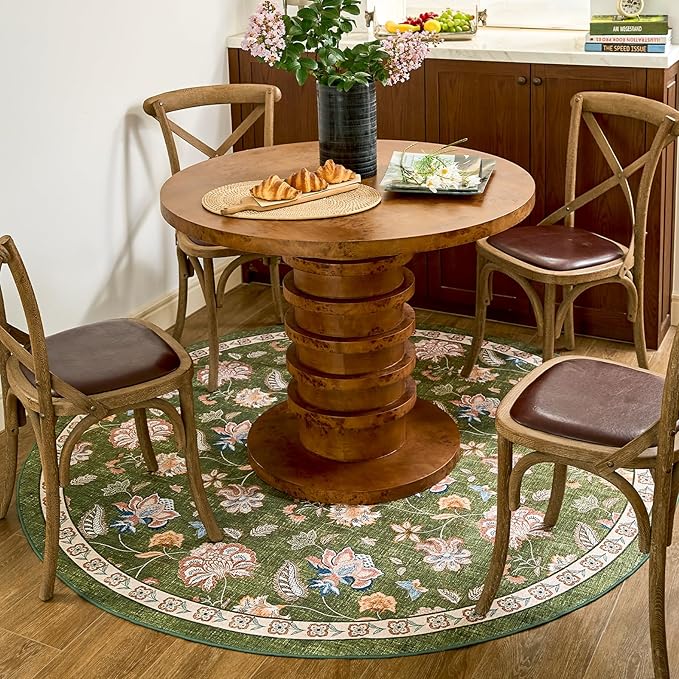 jinchan Elora 6ft Floral Round Rug for Dining Room Washable Living Room Rug Vintage Romance Design Non Slip Indoor Floor Cover Lightweight Low-Profile Throw Carpet for Bedroom Porch Patio, Green