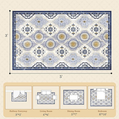 EnHomee Area Rugs 3x5, Soft Washable Rugs for Living Room Bedroom, Boho Non Slip Low Pile Stain Resistant Washable Rug Large Carpet for Dining Room,Easy to Clean Living Room Rug, Blue