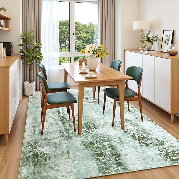 Washable Abstract Rug, 4x6 Modern Area Rugs with Non-Slip Rubber Backed for Living Room, Thin but Soft Contemporary Carpet Kitchen Bedroom Decor, Green