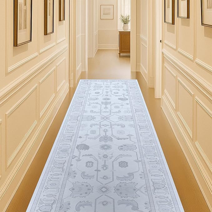 Beige Oushak Runner Rug, Modern Runners, Vintage, Turkish, Eclectic, Floral, Pastel, Washable, Long Runner Rugs for Hallway, Kitchen, Living Room, Bedroom, Kitchen, Bathroom, 2'5"x13'