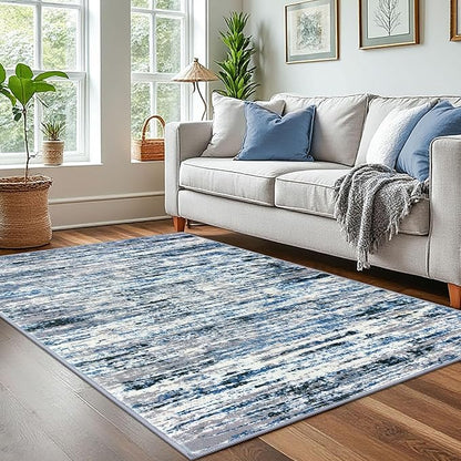 Modern Abstract 4x6 Living Room Washable Rug Non-Slip Soft Bedroom Area Rug Grey Blue White Thin Print Faux Wool Floor Carpet Throw Rugs for Nursery Playroom Dining Room Indoor Home Decor