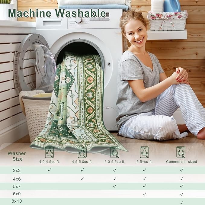 5x7 Green White Area Rug for Living Room, Machine Washable Rugs with Non-Slip Backing for Bedroom, Vintage Medallion Carpet Dining Room Office Kids Room Decor