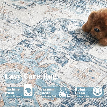 jinchan Kelda Round Rug 6ft Washable Area Rug Indoor Vintage Bedroom Floor Cover Distressed Circle Mat 6' Round Lightweight Non Slip Low Pile Thin Farmhouse Carpet for Living Room Dining Room Blue